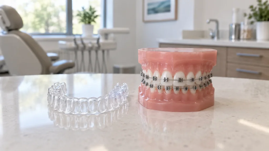 Model mouth with braces next to a clear aligner on a counter top